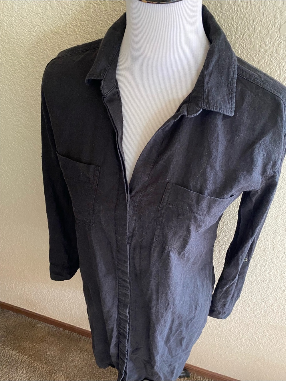 PrAna La Now Hemp Black Button-Front Shirt Dress Collared Mini Length: Small - Picture 3 of 9